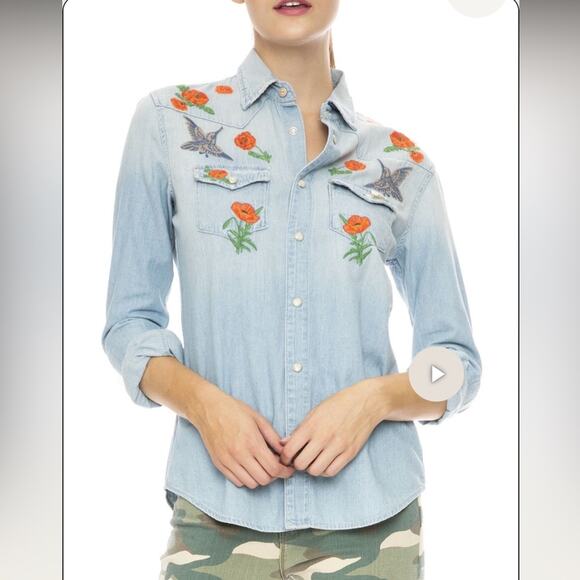 MOTHER Tops - MOTHER The All My Exes Embroidered Denim Shirt Love in an English Garden Small